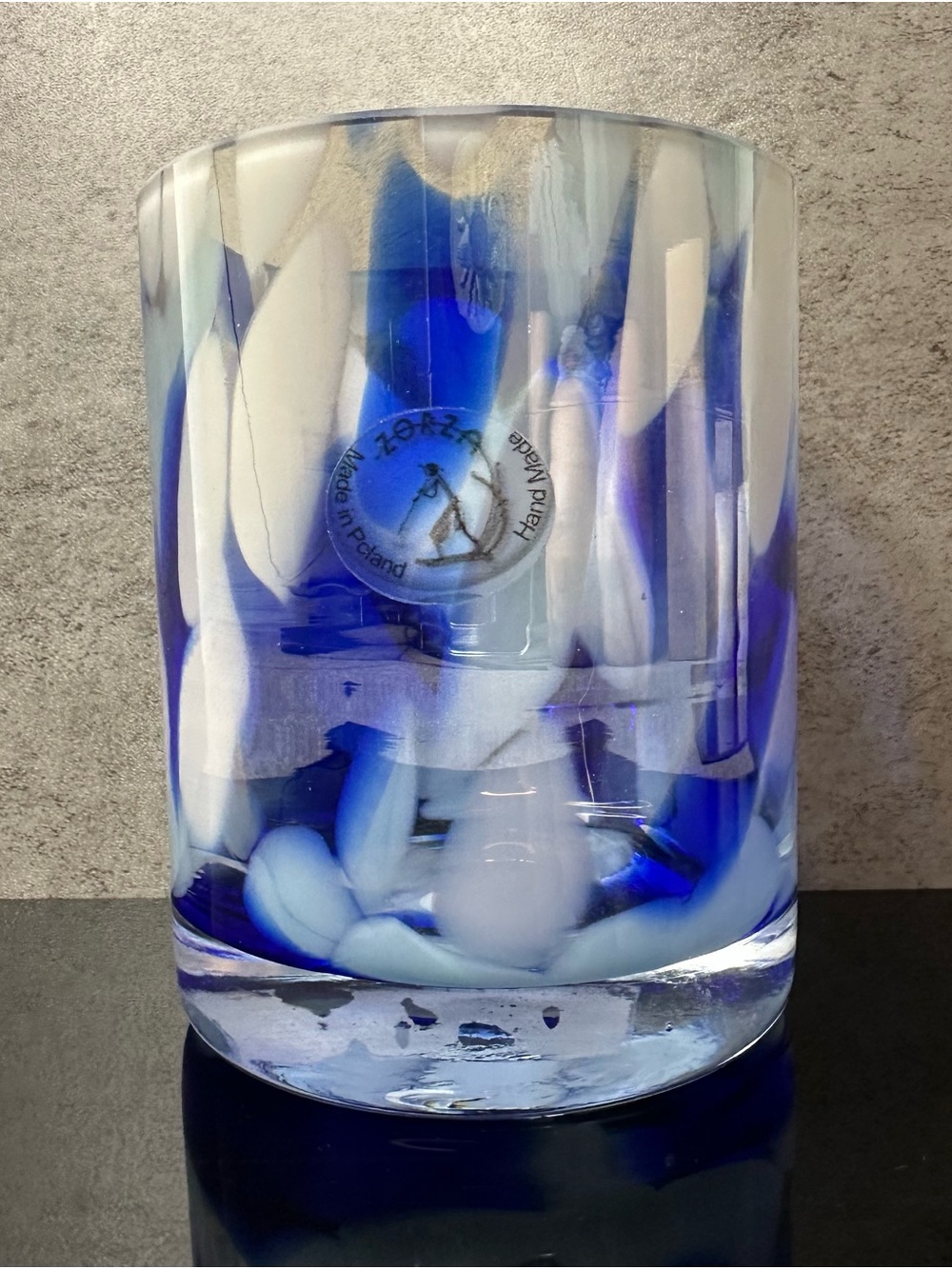 Zorza Hand Blown Art Glass Candle Holder Blue White Made in Poland